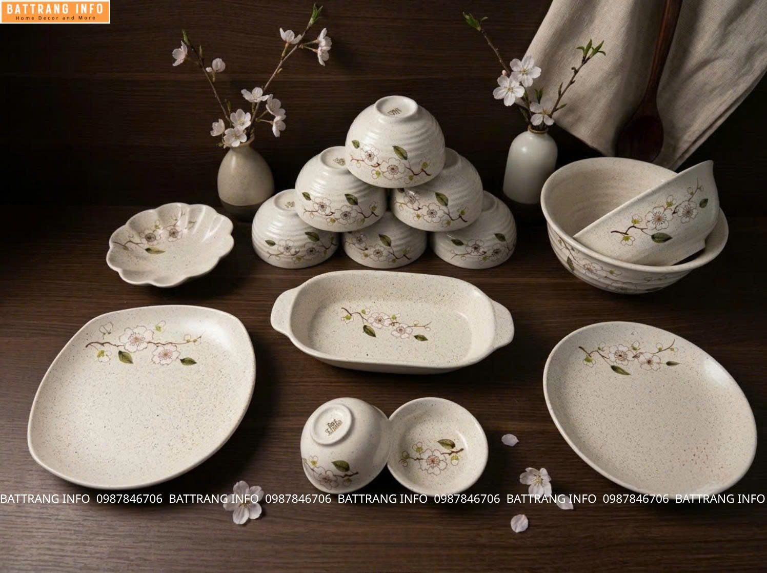 Bộ đồ ăn men tiêu họa tiết hoa đào gốm sứ Bát Tràng cao cấp