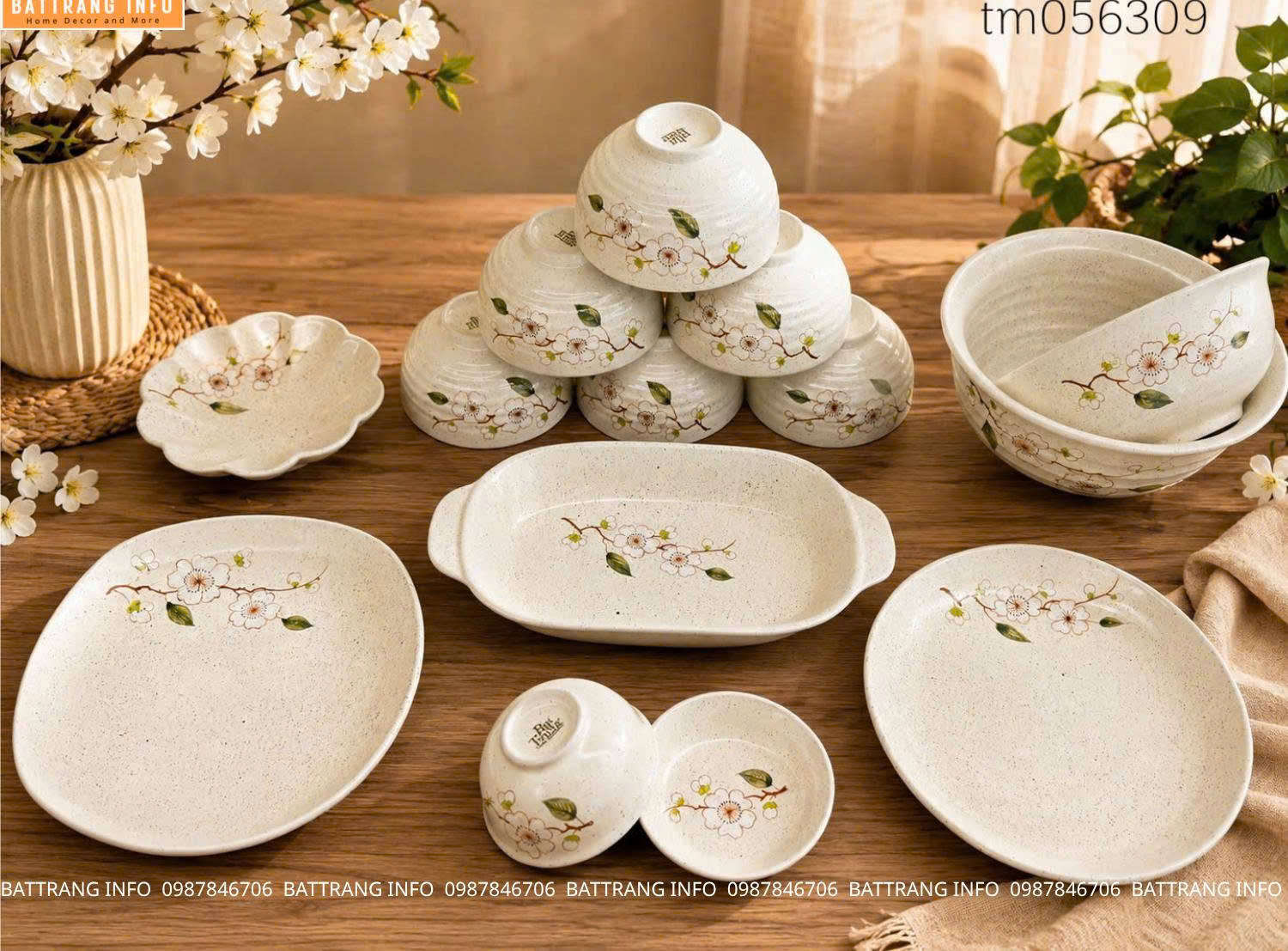 Bộ đồ ăn men tiêu họa tiết hoa đào gốm sứ Bát Tràng cao cấp