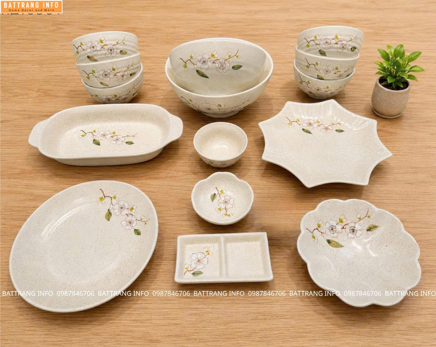 Bộ đồ ăn men tiêu họa tiết hoa đào gốm sứ Bát Tràng cao cấp