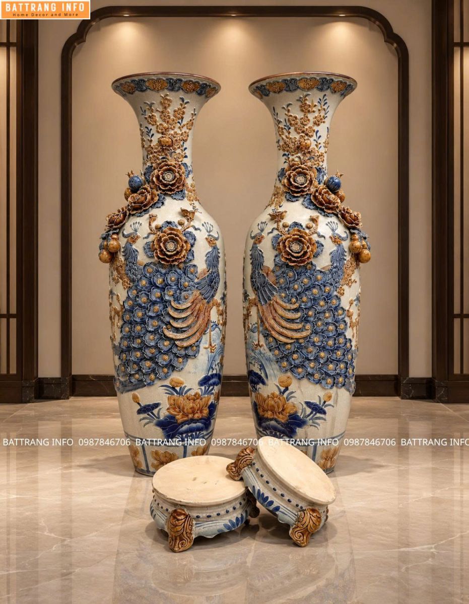 Lộc Bình Công Danh Phú Quý Men Rạn Đắp Nổi Cao Cấp Bát Tràng