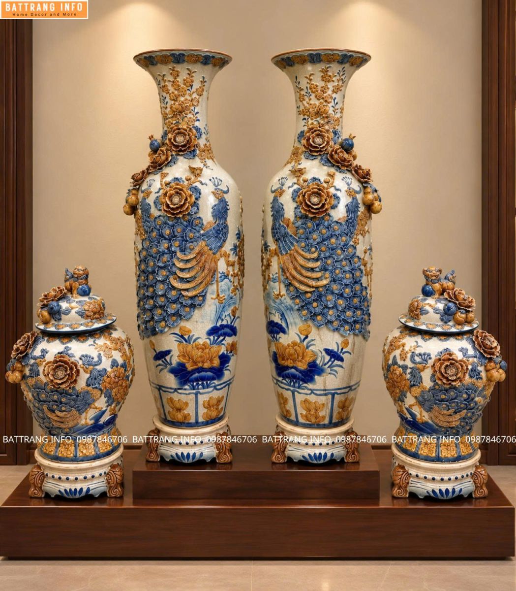 Combo Lộc Bình & Chóe Công Danh Phú Quý Men Rạn Đắp Nổi Cao Cấp Bát Tràng