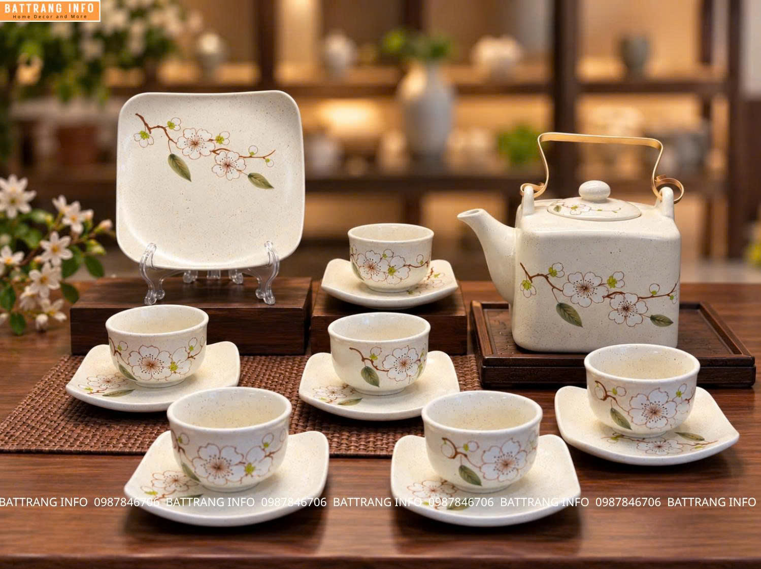 Ấm Chén Men Tiêu Vẽ Hoa Đào Cao Cấp Bát Tràng
