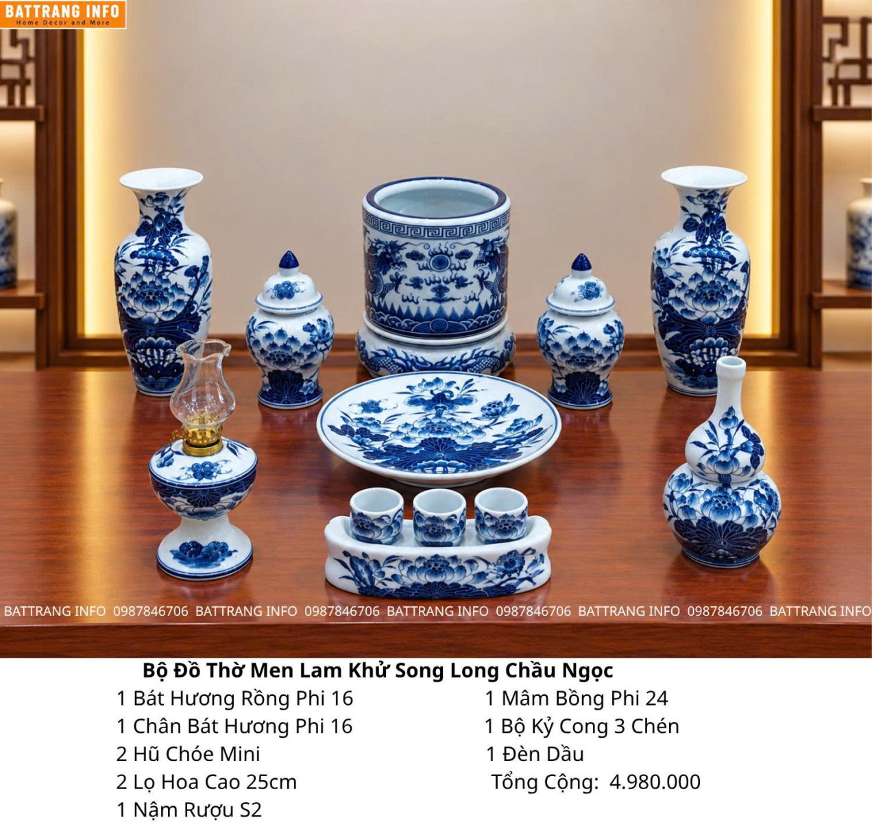 Địa chỉ bán Bộ đồ thờ men lam khử song long chầu ngọc cao cấp Bát Tràng ở đâu giá rẻ?