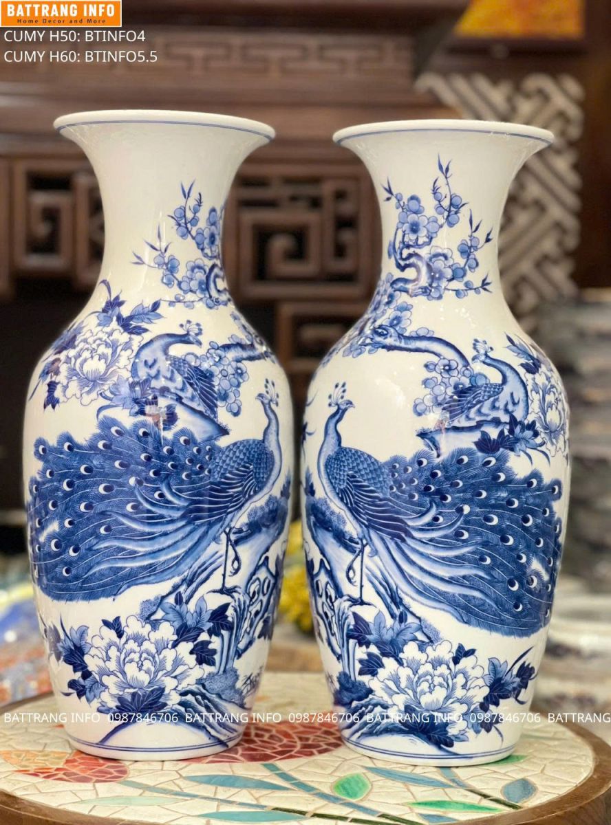 Mua Lọ Hoa Ban Thờ Công Danh Phú Quý Men Lam Vẽ Tay Cao Cấp Bát Tràng Ở Đâu?