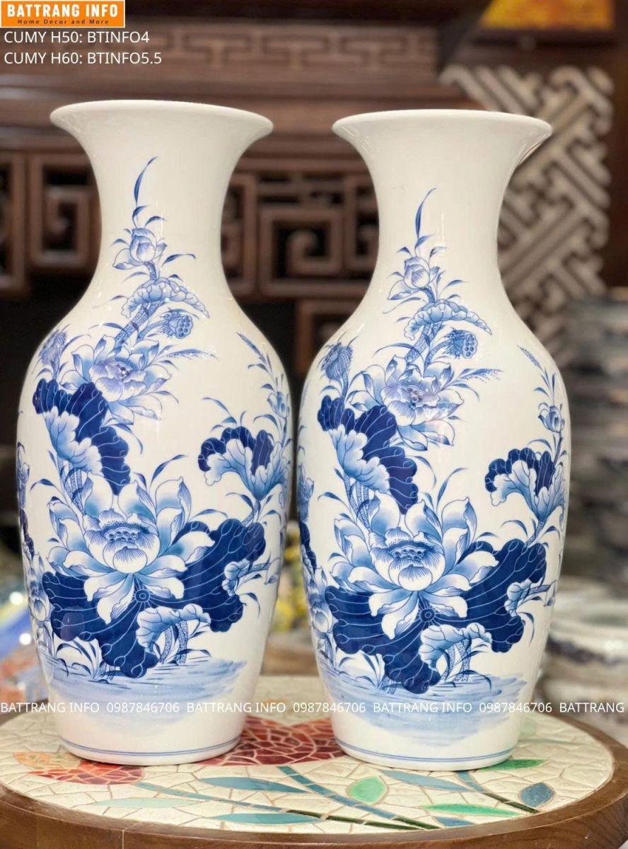 Lọ Hoa Thờ Men Lam Hoa Sen Cao Cấp Bát Tràng – Nét Đẹp Trang Nghiêm Cho Không Gian Thờ Tự