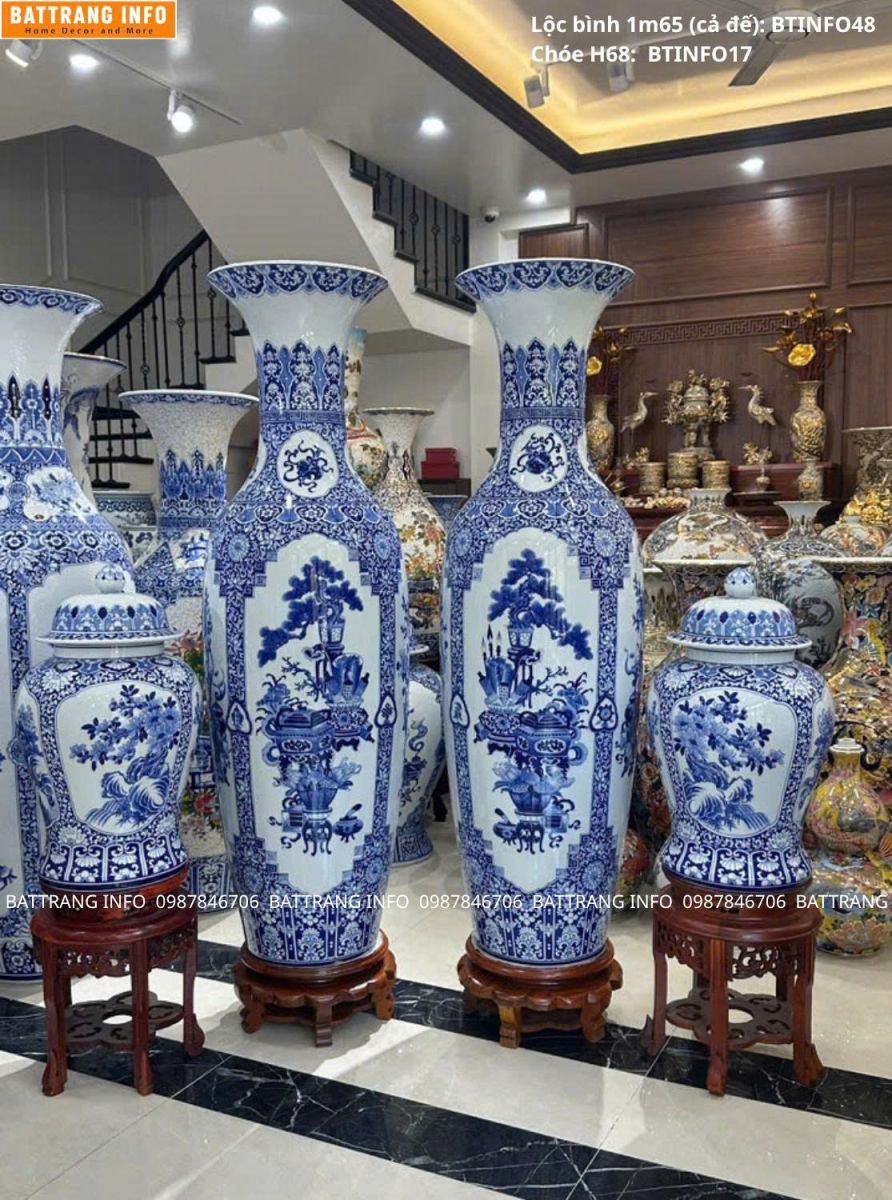 Combo Lộc Bình Tứ Quý Cổ Đồ Và Chóe Tứ Cảnh Men Lam Vẽ Tay Cao Cấp Bát Tràng