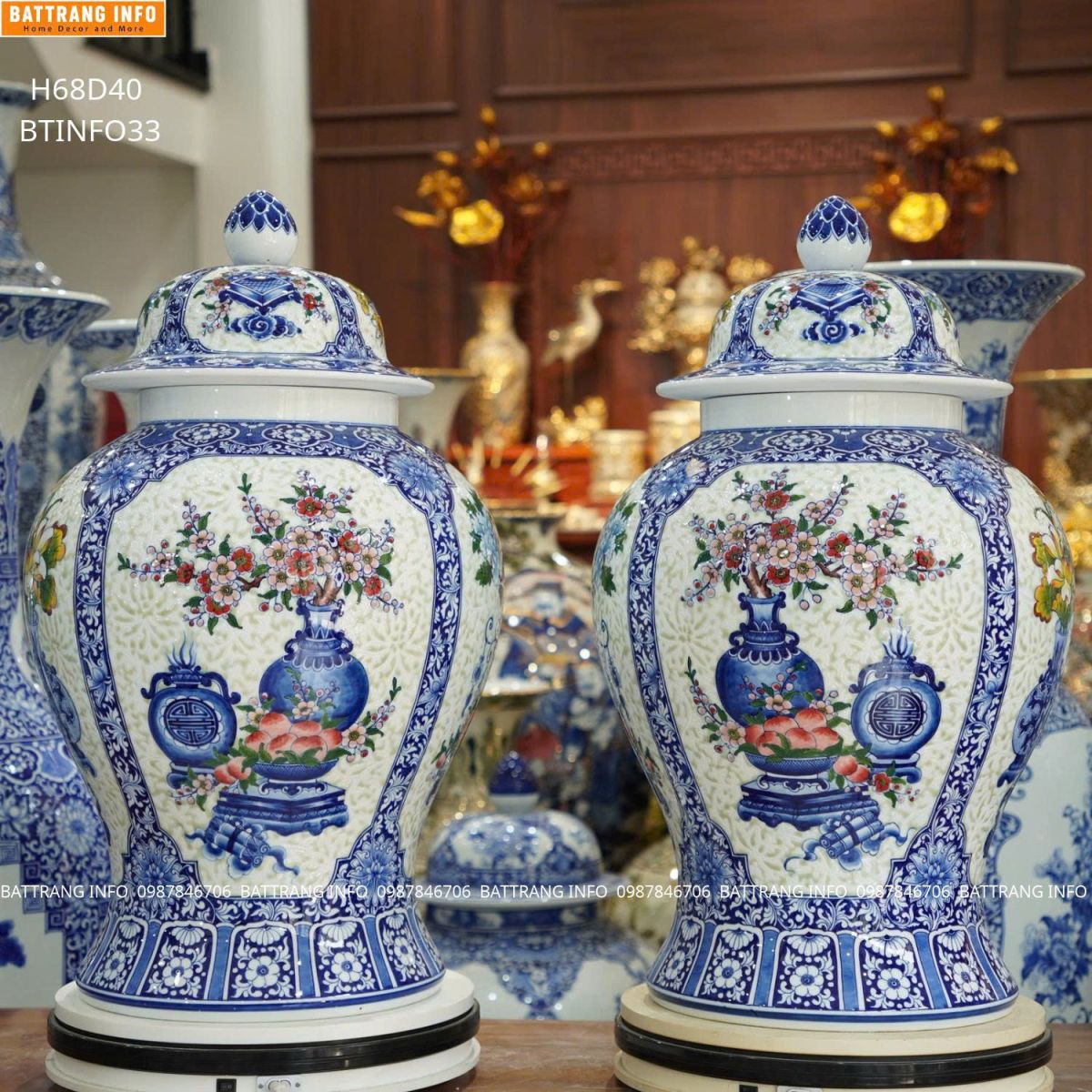 Cửa Hàng Bán Cặp Chóe Tứ Quý Cổ Đồ Men Lam Nền Gấm Cao Cấp Bát Tràng Cao 68cm Ở Hà Nội – Battranginfo