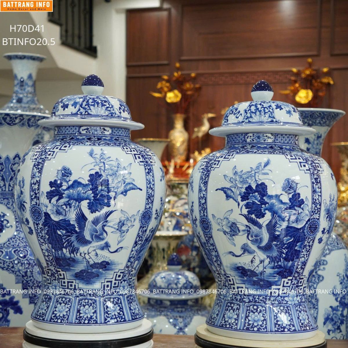 Cặp Choé Tứ Cảnh Men Lam Vẽ Tay Cao Cấp Bát Tràng Cao 70cm – Tinh Hoa Gốm Sứ Truyền Thống