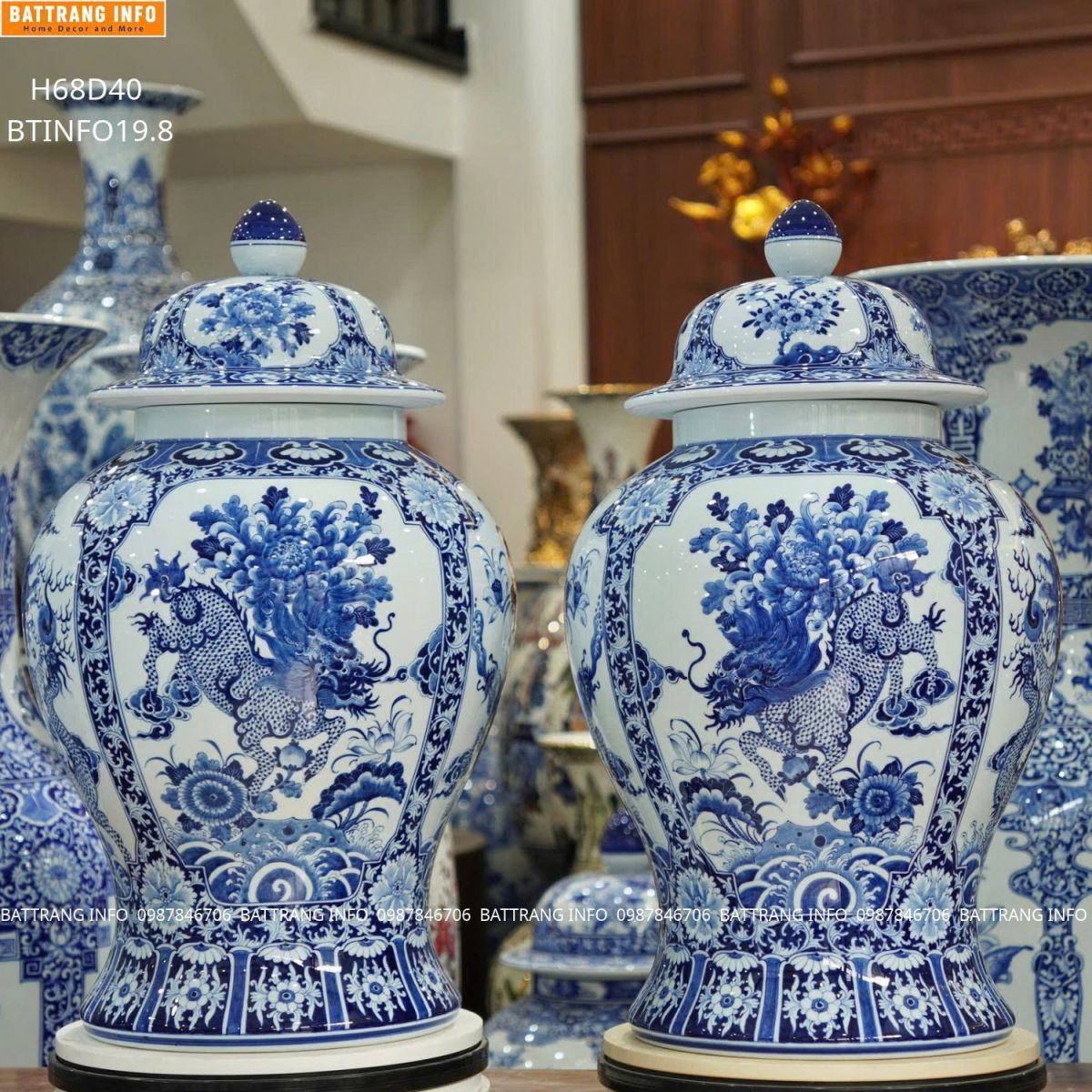 Cặp Chóe Tứ Linh Men Lam Vẽ Tay Cao Cấp Bát Tràng Cao 68cm – Tinh Hoa Gốm Sứ Phong Thủy