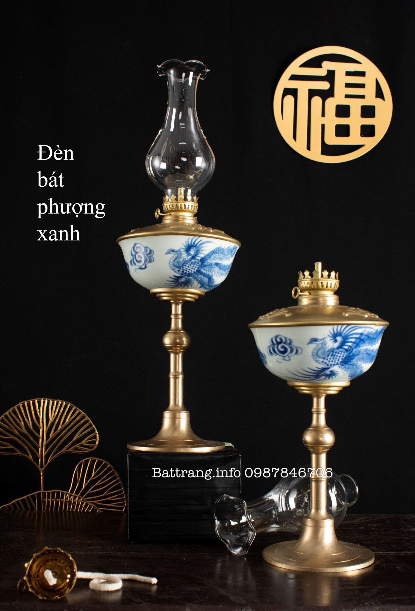 Đèn Bát Phượng Xanh - Đèn Dầu Bát Tràng