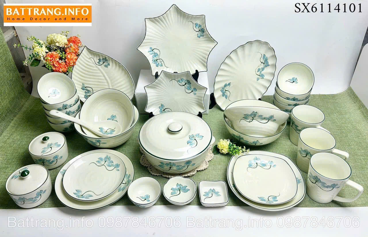 Bộ Bát Đĩa Sen Xanh Vẽ Tay Cao Cấp Bát Tràng