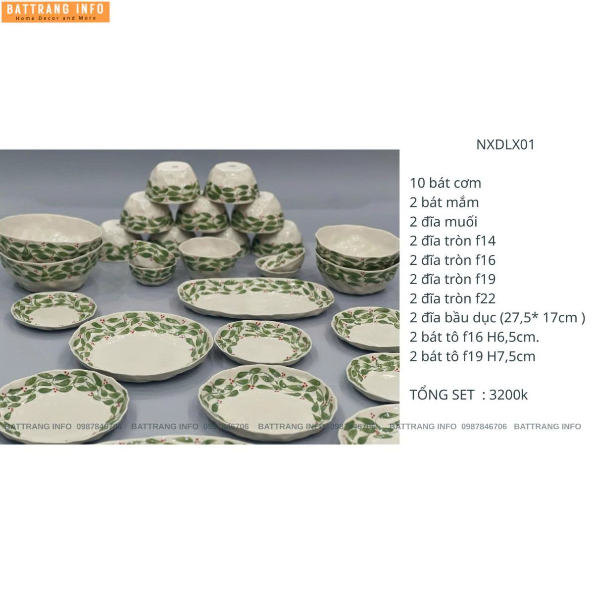 Bộ Bát Đĩa Dáng Nặn Vẽ Tay Xuất Dư Phong Cách Châu Âu Họa Tiết Lá Xanh Bát Tràng