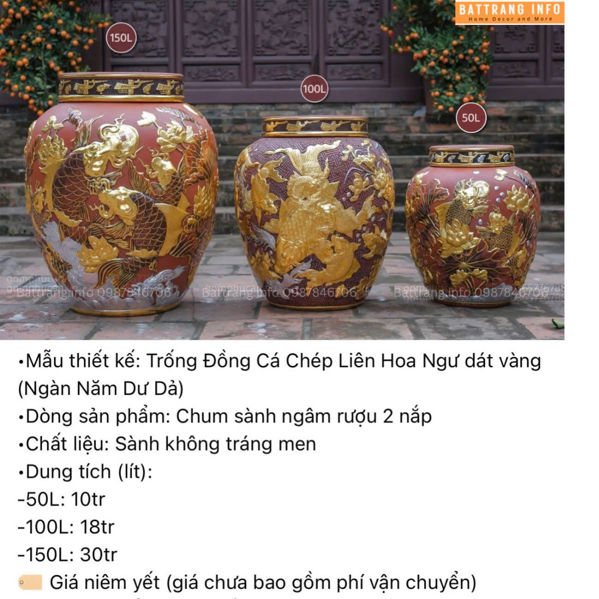 CHUM TRỐNG ĐỒNG CÁ CHÉP LIÊN HOA NGƯ DÁT VÀNG 50 LÍT