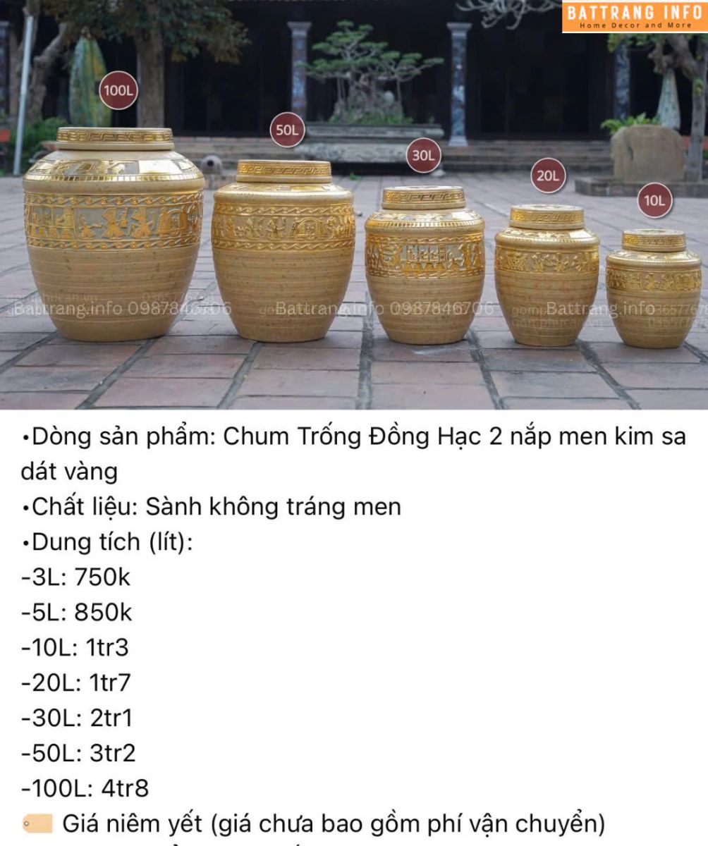 CHUM TRỐNG ĐỒNG HẠC 2 NẮP MEN KIM SA DÁT VÀNG 50 LÍT