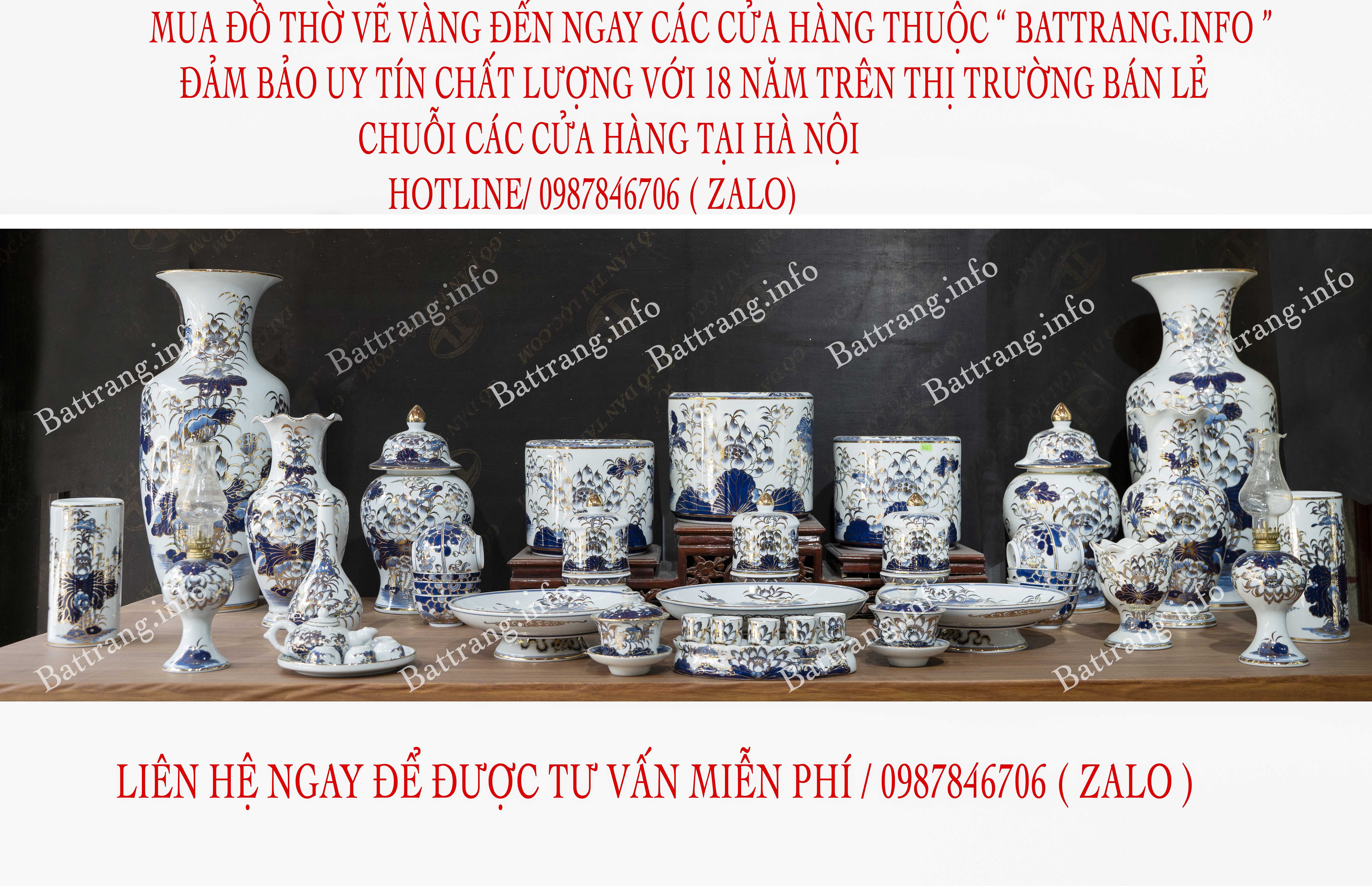 Bộ đồ thờ men rong khử vẽ sen vàng 18k cao cấp dành cho ban 1m97