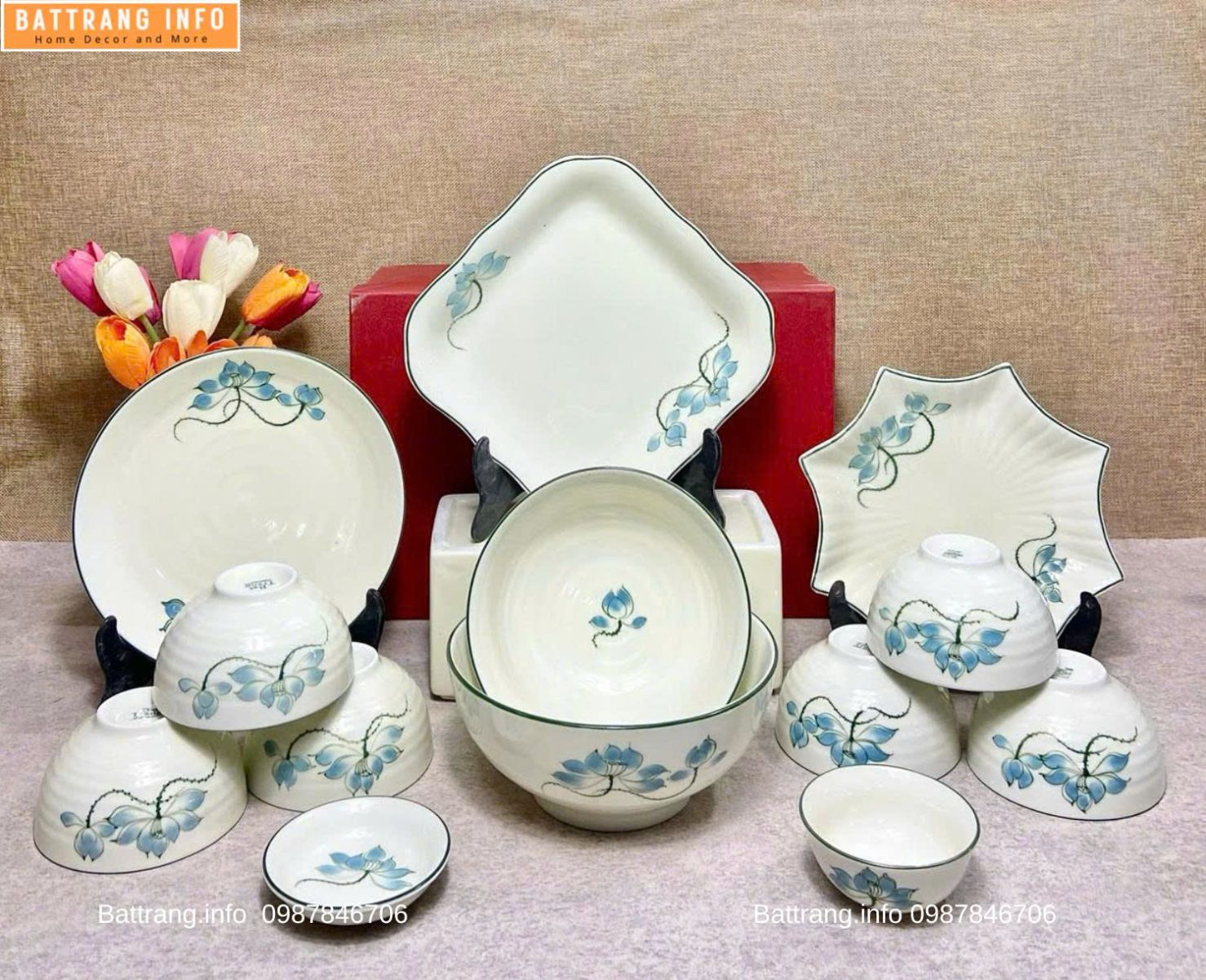 BỘ BÁT ĐĨA SEN XANH M874