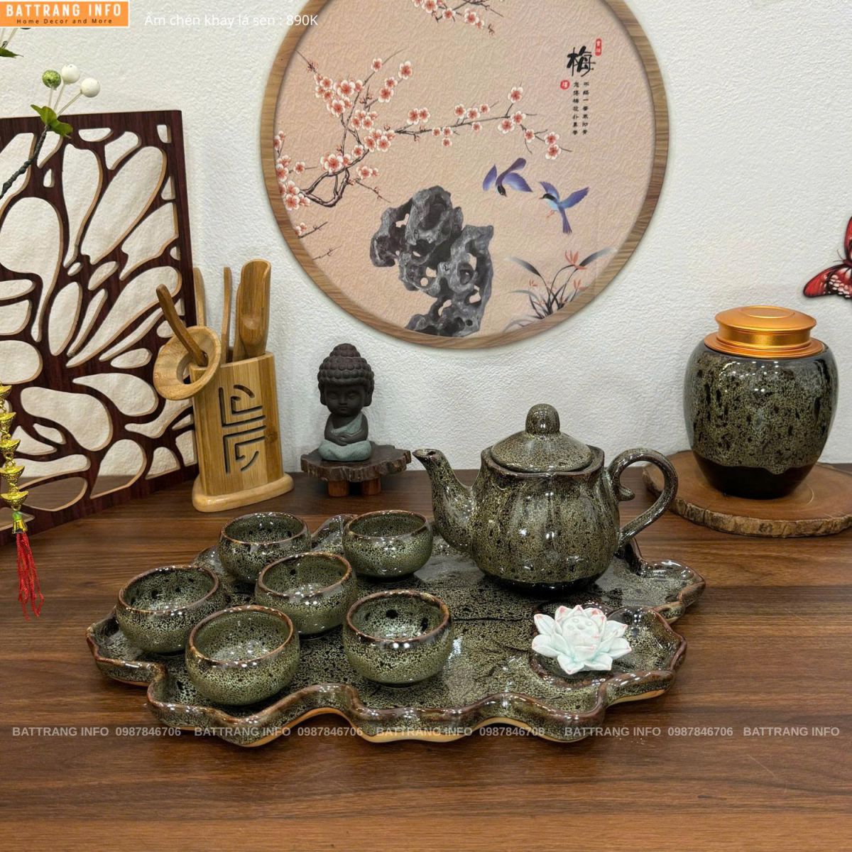 Bộ ấm chén men hoả biến khay lá sen cao cấp Bát Tràng