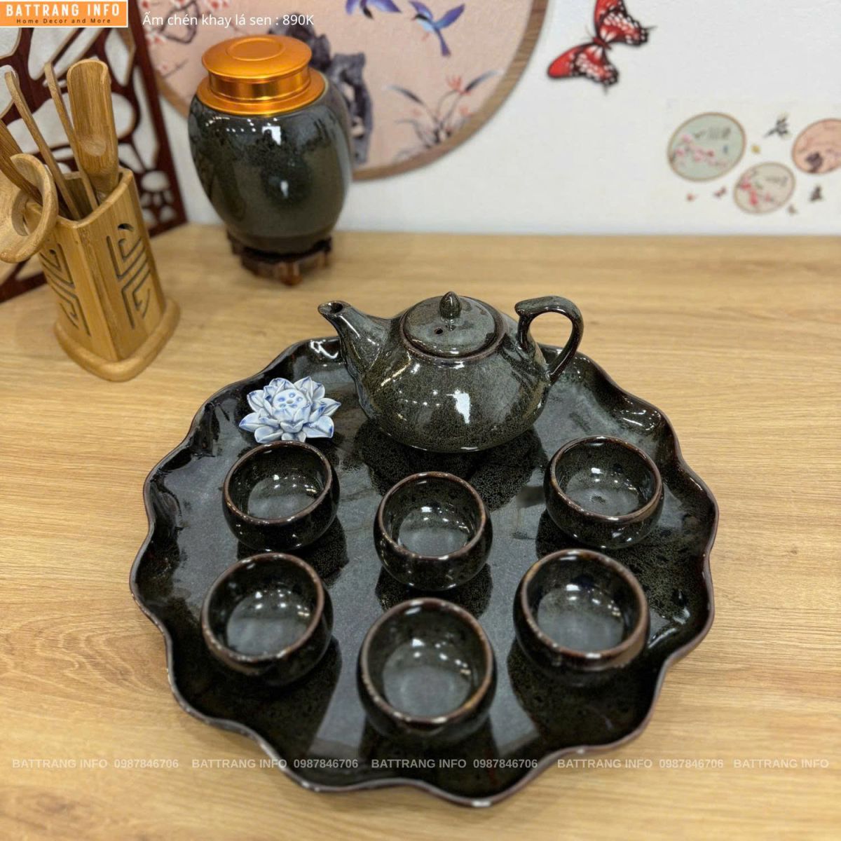 Bộ ấm chén men hoả biến khay lá sen cao cấp Bát Tràng