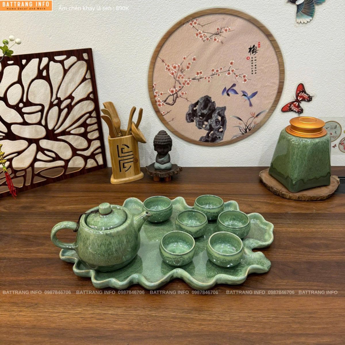 Bộ ấm chén men hoả biến khay lá sen cao cấp Bát Tràng