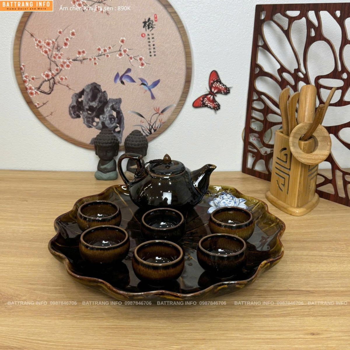 Bộ ấm chén men hoả biến khay lá sen cao cấp Bát Tràng