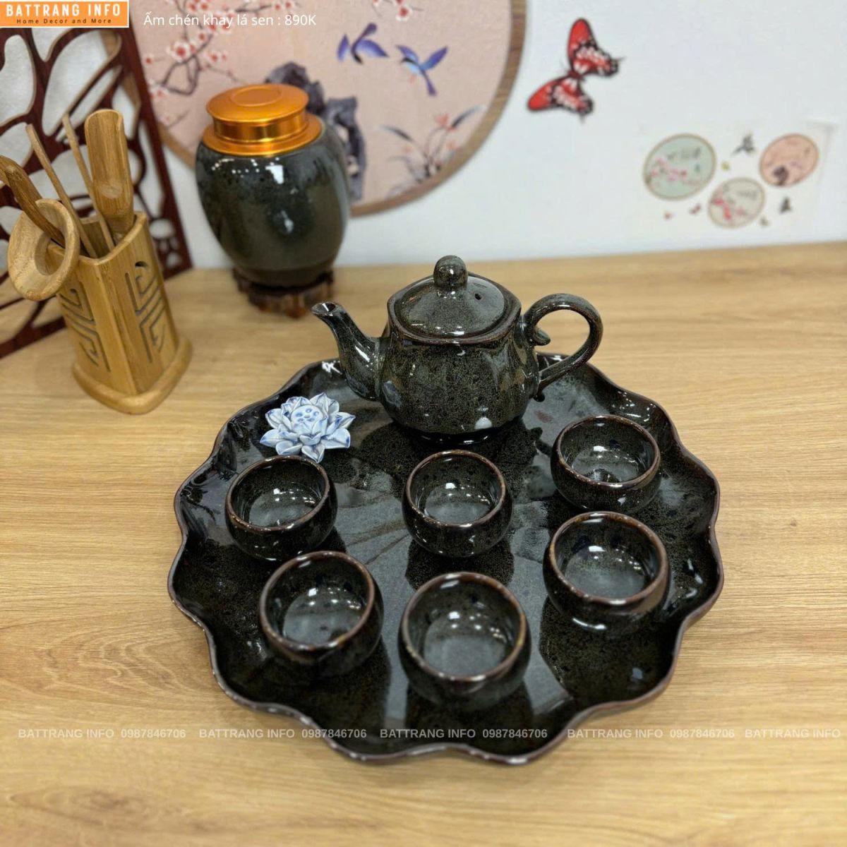 Bộ ấm chén men hoả biến khay lá sen cao cấp Bát Tràng
