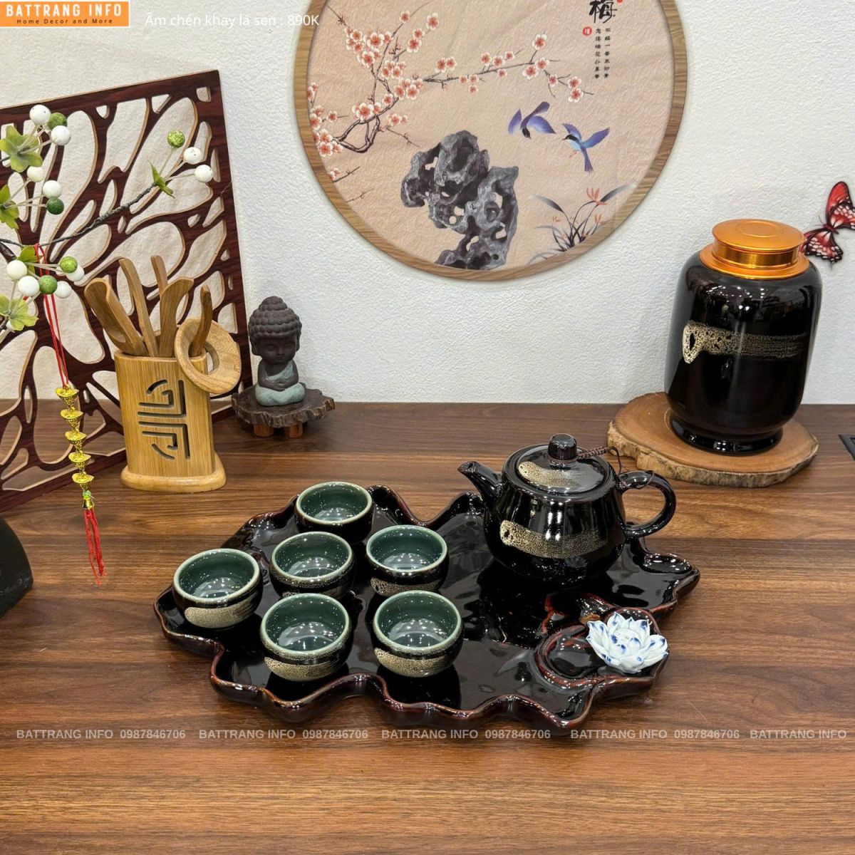 Bộ ấm chén men hoả biến khay lá sen cao cấp Bát Tràng