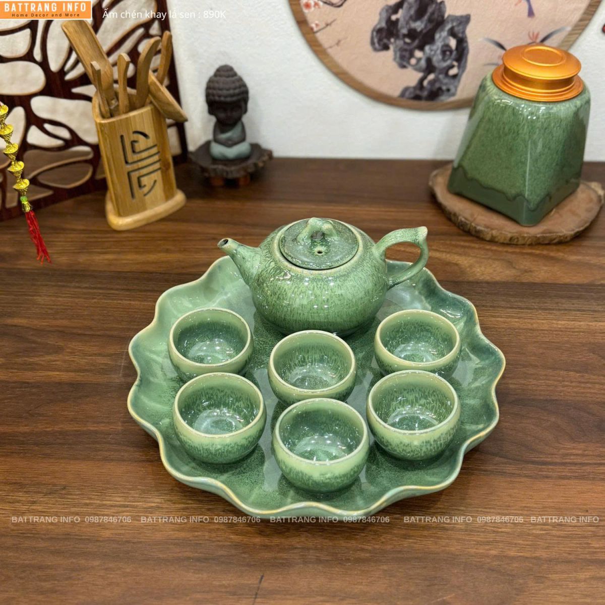 Bộ ấm chén men hoả biến khay lá sen cao cấp Bát Tràng