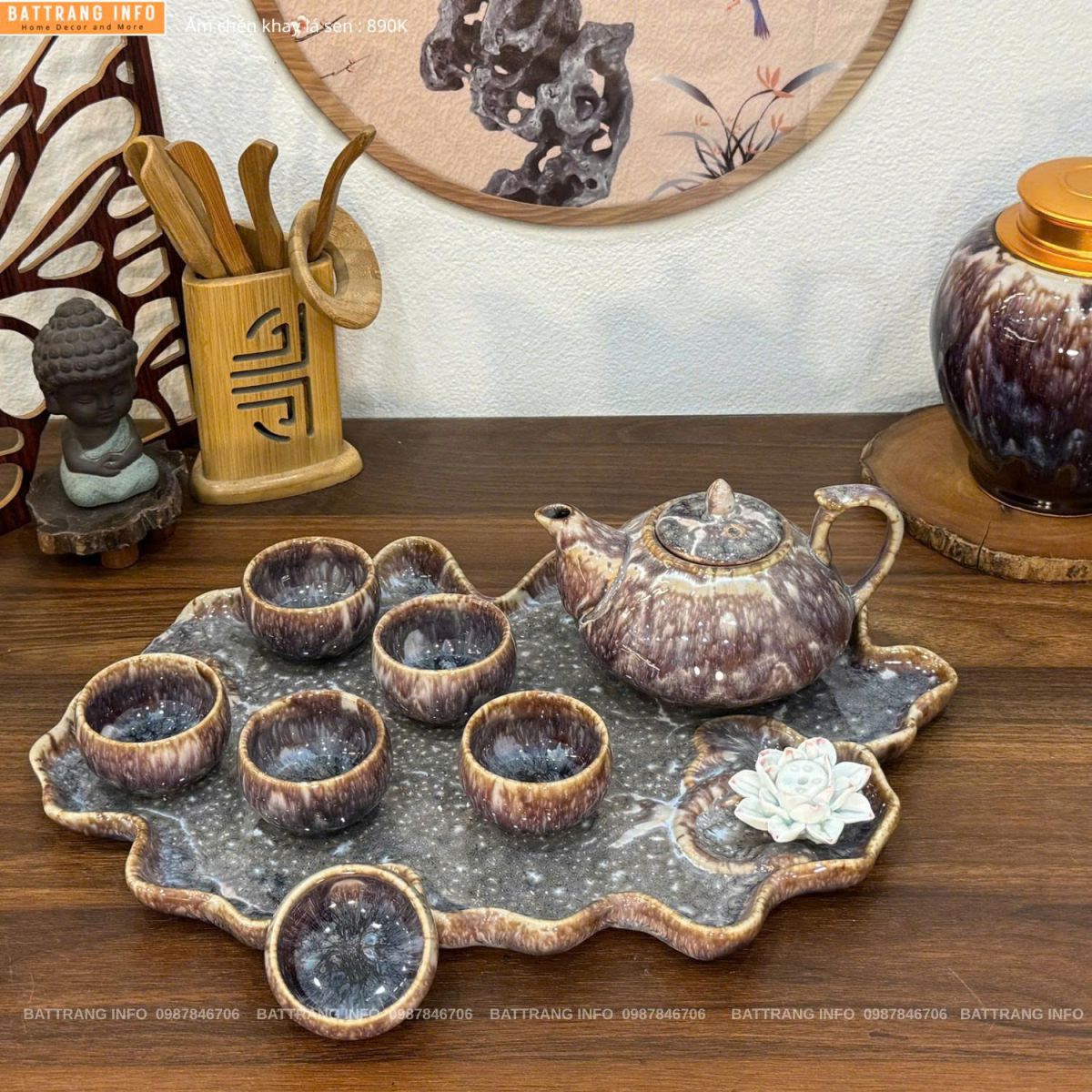 Bộ ấm chén men hoả biến khay lá sen cao cấp Bát Tràng