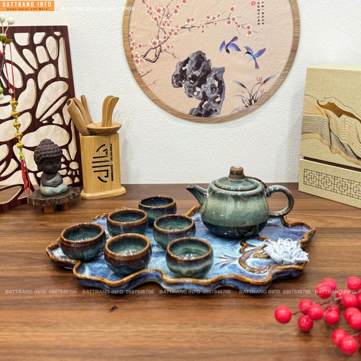 Bộ ấm chén men hoả biến khay lá sen cao cấp Bát Tràng