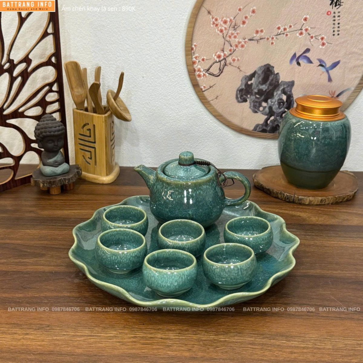 Bộ ấm chén men hoả biến khay lá sen cao cấp Bát Tràng
