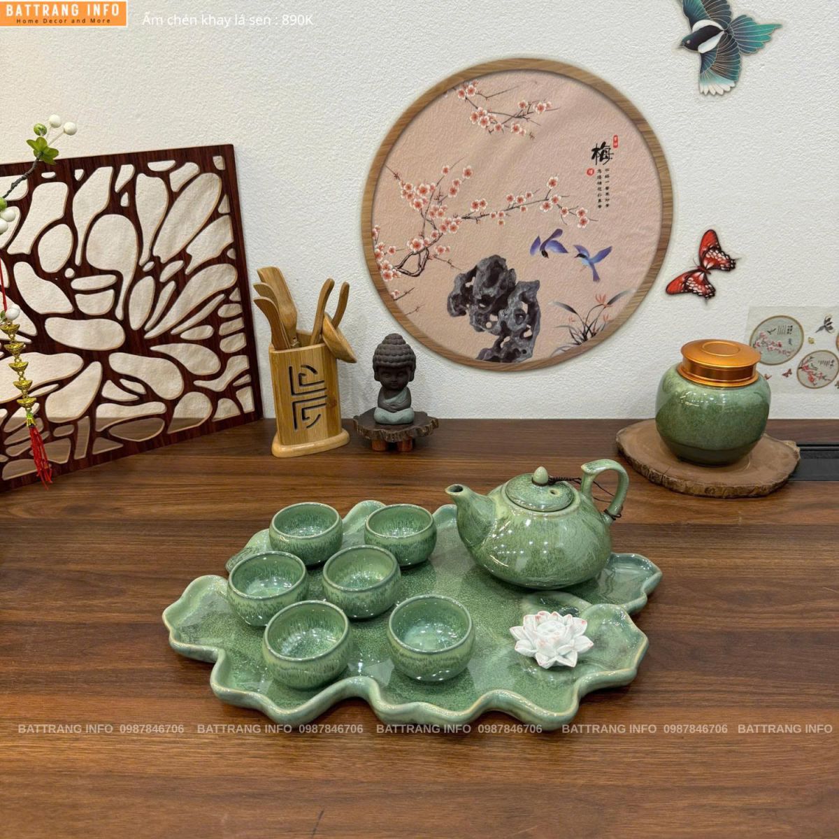 Bộ ấm chén men hoả biến khay lá sen cao cấp Bát Tràng