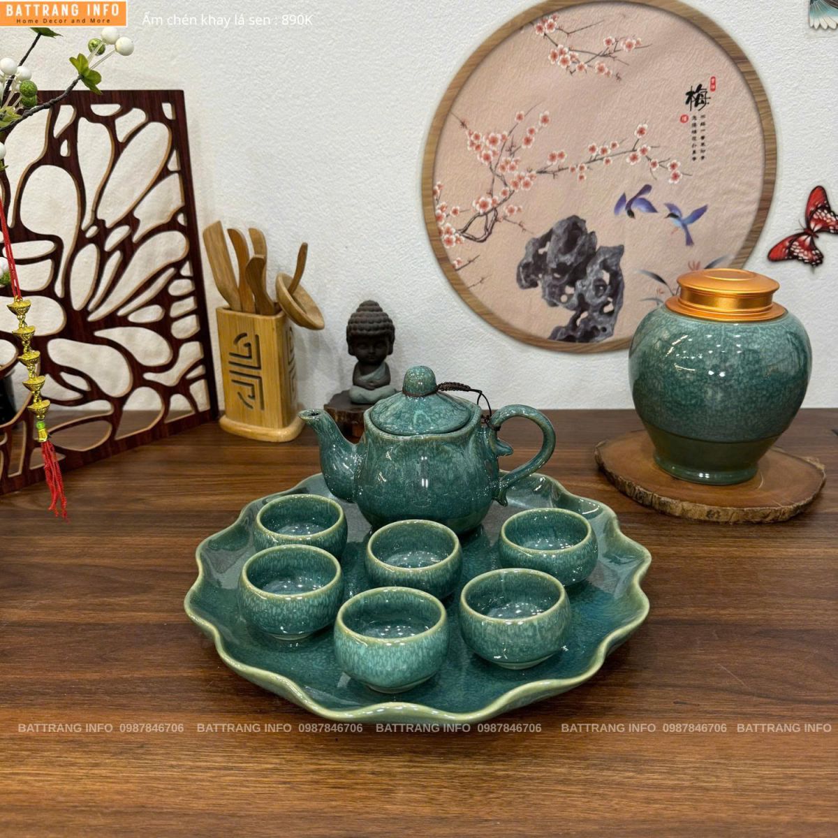 Bộ ấm chén men hoả biến khay lá sen cao cấp Bát Tràng