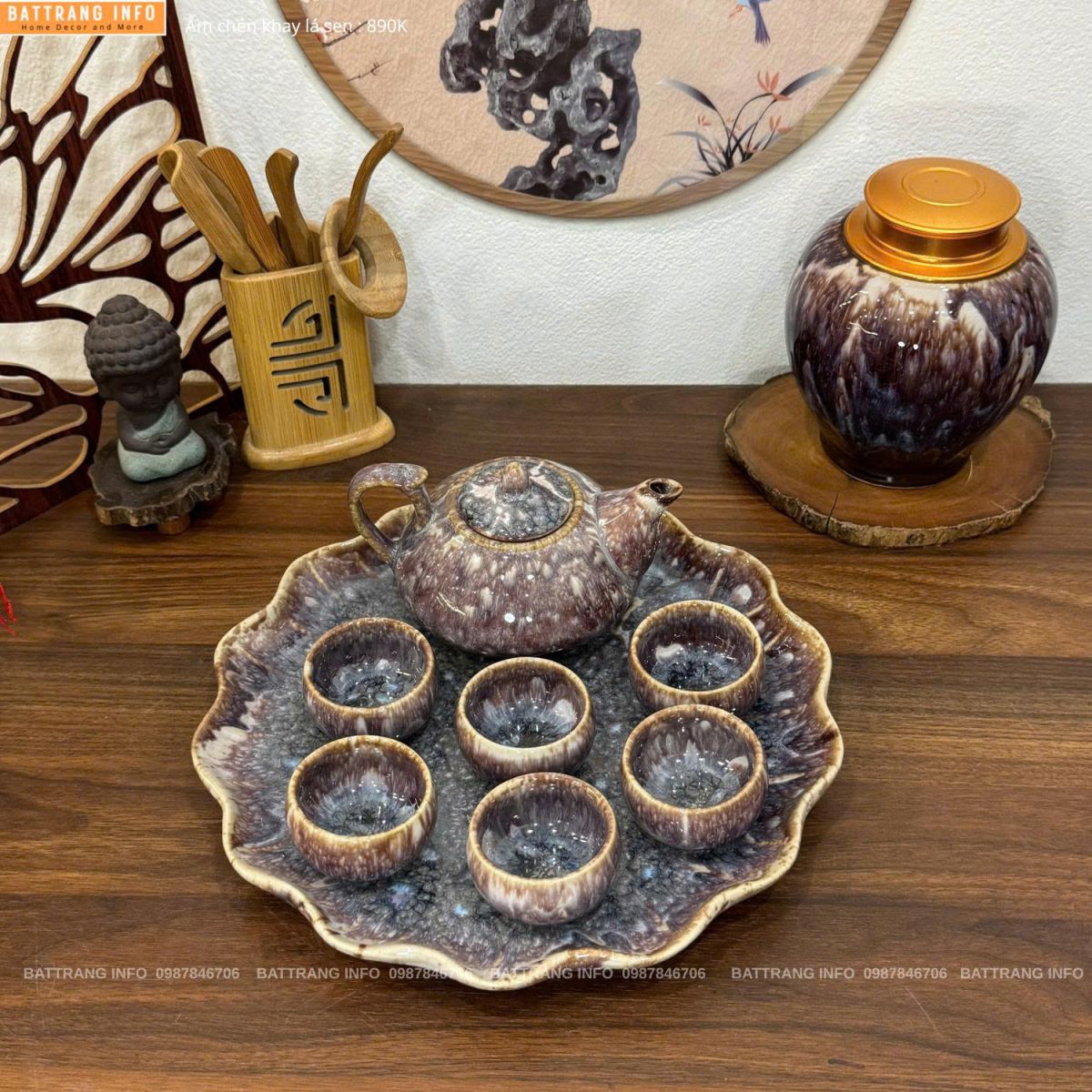 Bộ ấm chén men hoả biến khay lá sen cao cấp Bát Tràng