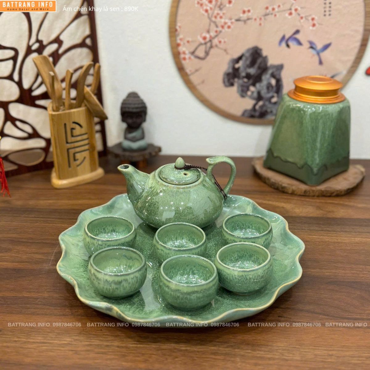 Bộ ấm chén men hoả biến khay lá sen cao cấp Bát Tràng