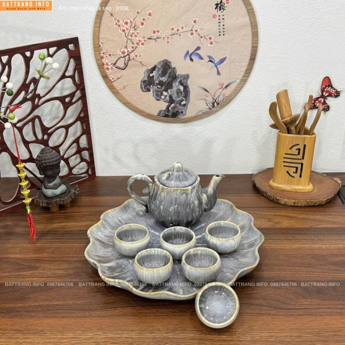 Bộ ấm chén men hoả biến khay lá sen cao cấp Bát Tràng