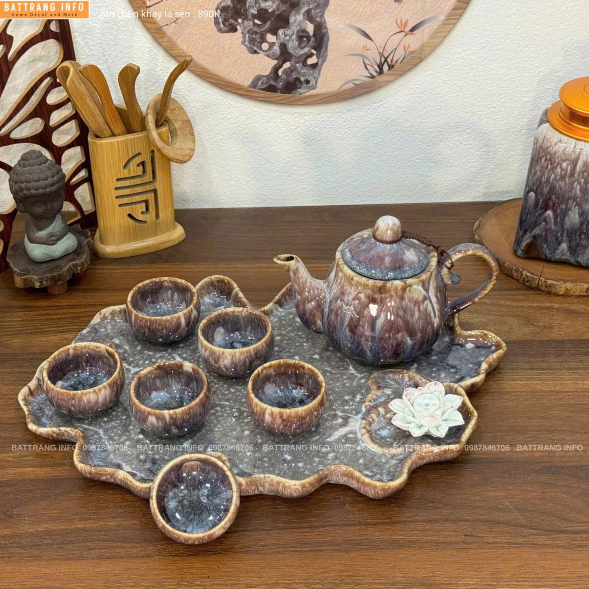 Bộ ấm chén men hoả biến khay lá sen cao cấp Bát Tràng