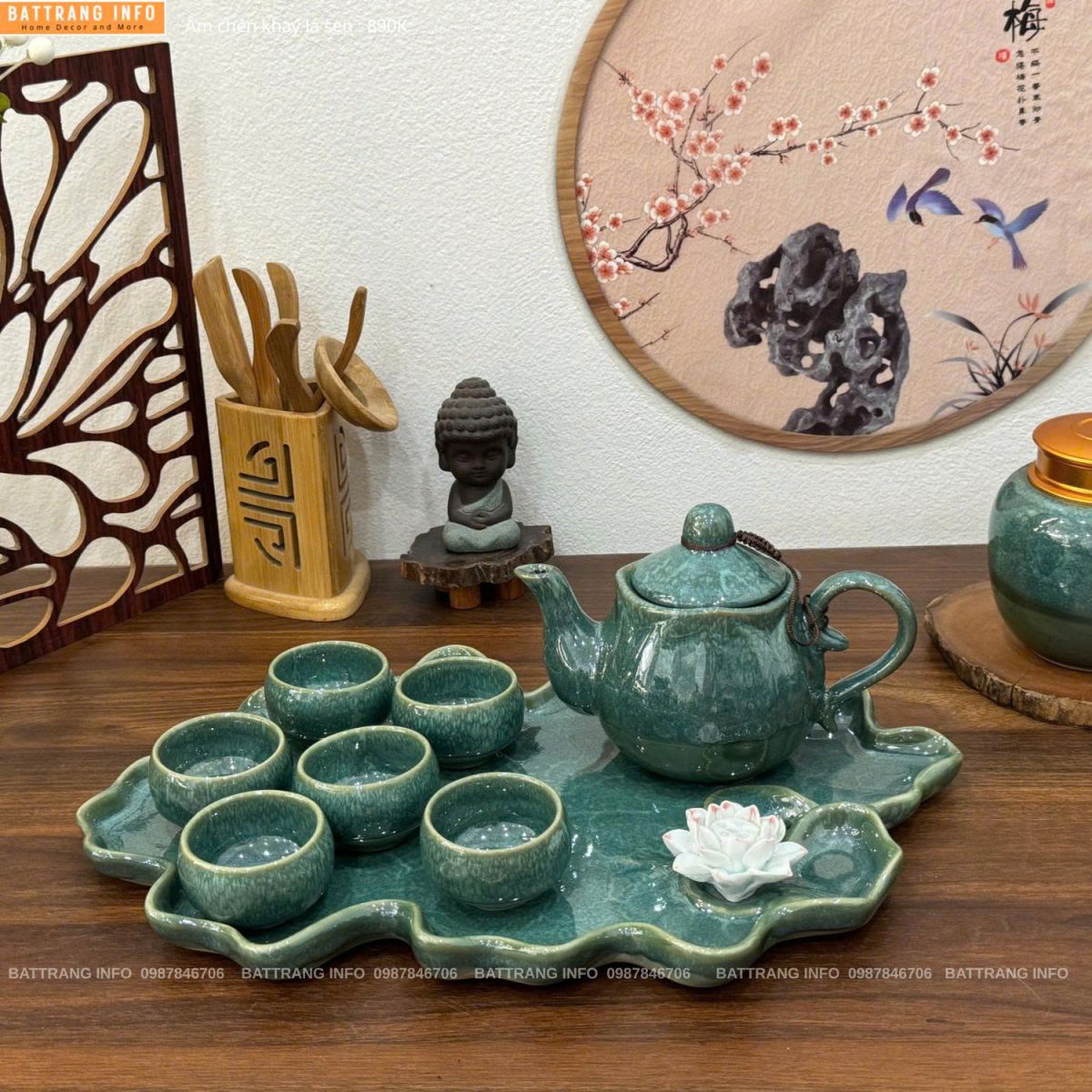 Bộ ấm chén men hoả biến khay lá sen cao cấp Bát Tràng