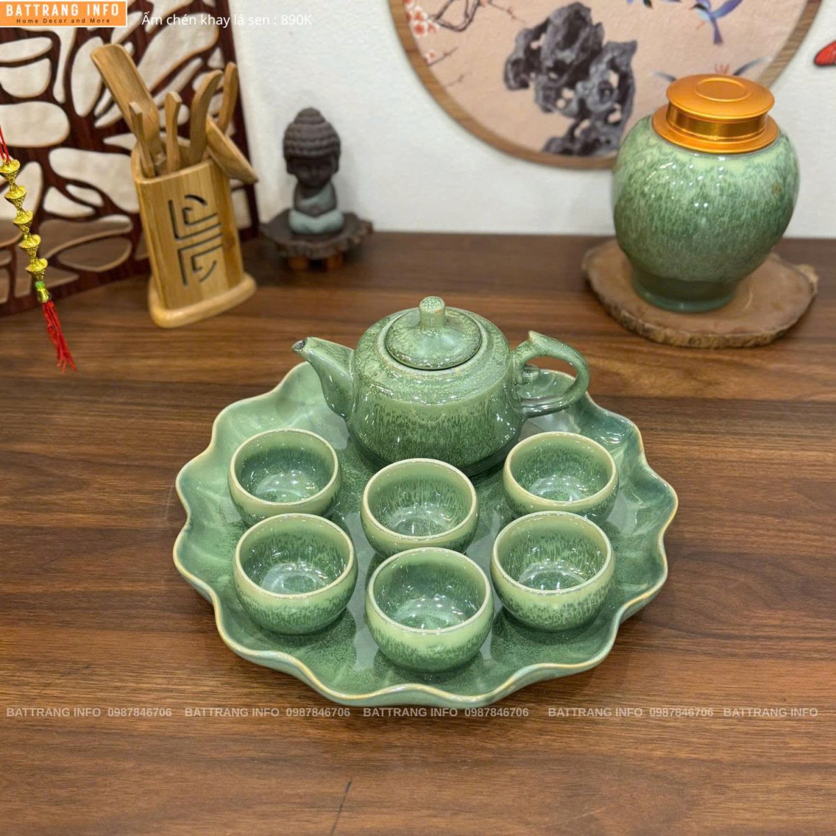 Bộ ấm chén men hoả biến khay lá sen cao cấp Bát Tràng