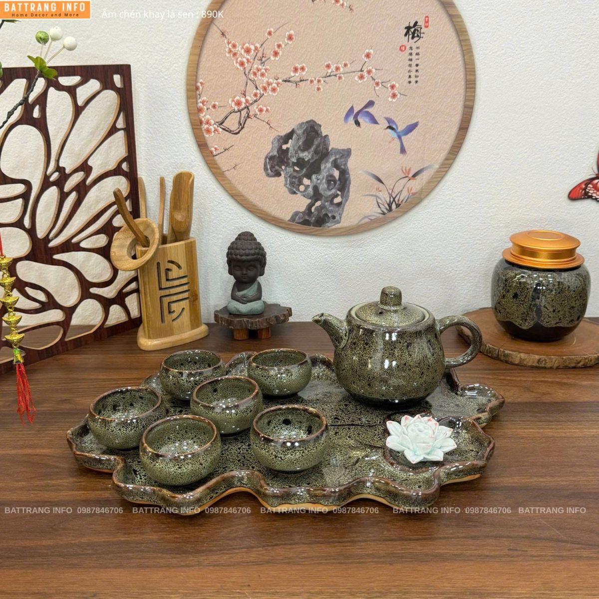 Bộ ấm chén men hoả biến khay lá sen cao cấp Bát Tràng