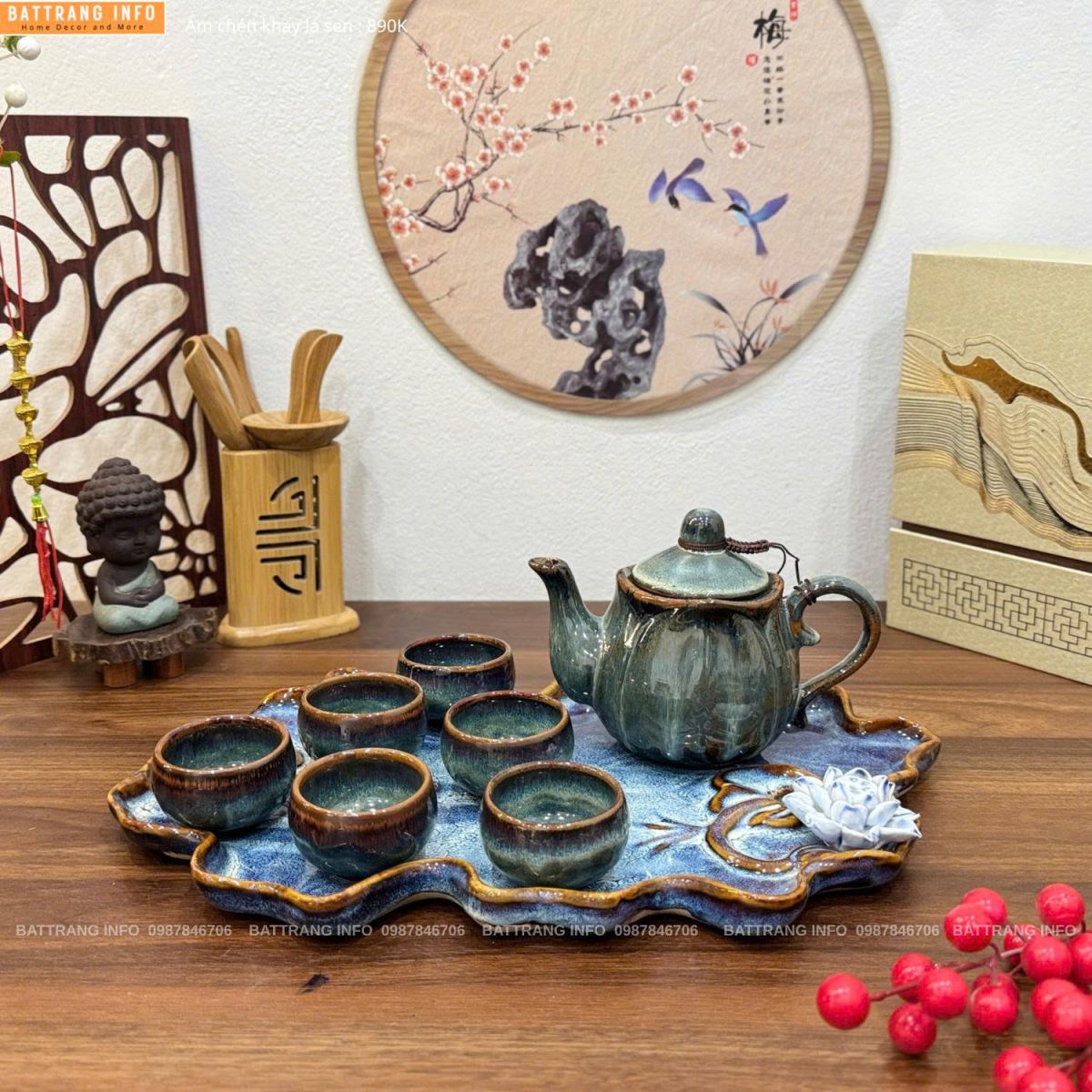 Bộ ấm chén men hoả biến khay lá sen cao cấp Bát Tràng