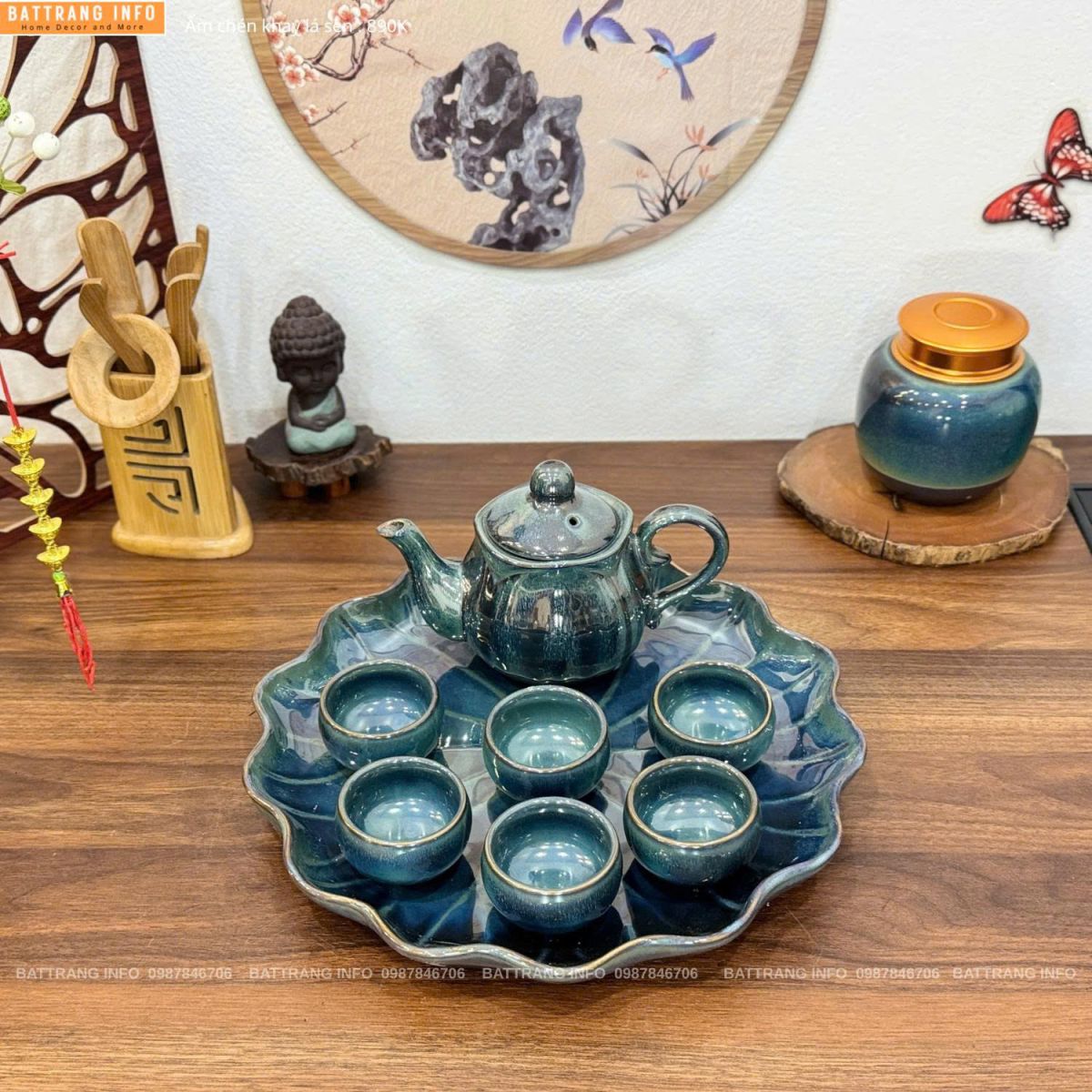 Bộ ấm chén men hoả biến khay lá sen cao cấp Bát Tràng