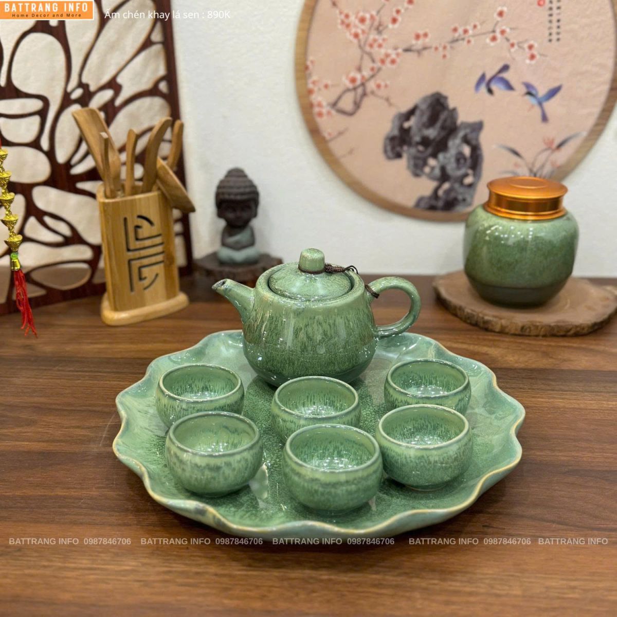 Bộ ấm chén men hoả biến khay lá sen cao cấp Bát Tràng