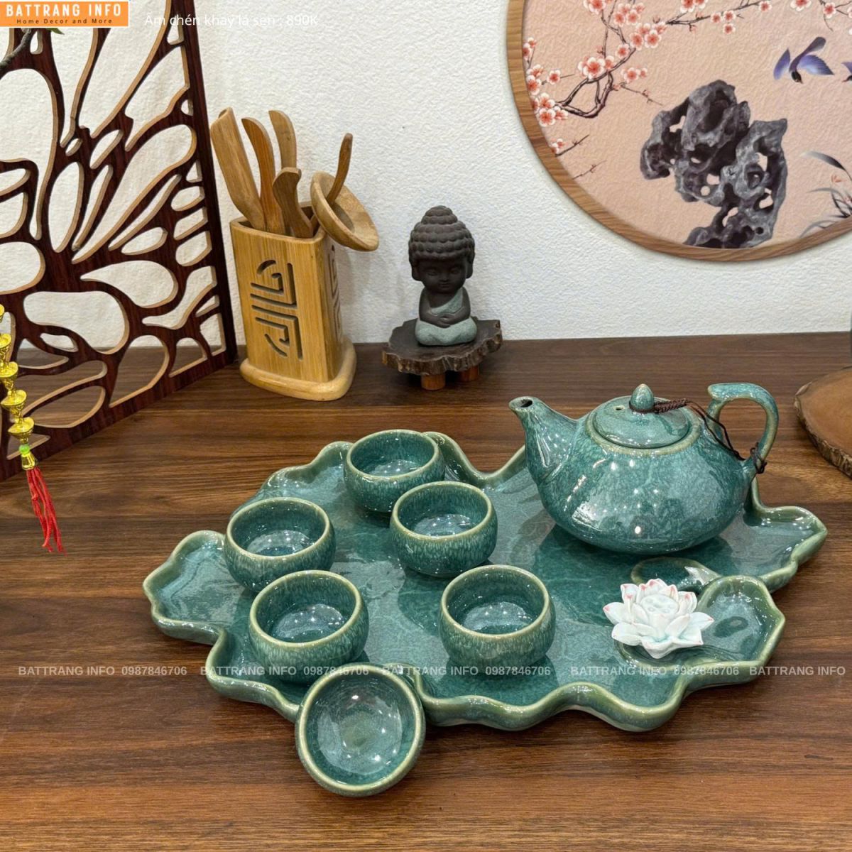 Bộ ấm chén men hoả biến khay lá sen cao cấp Bát Tràng