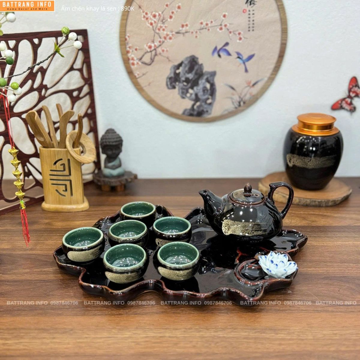 Bộ ấm chén men hoả biến khay lá sen cao cấp Bát Tràng