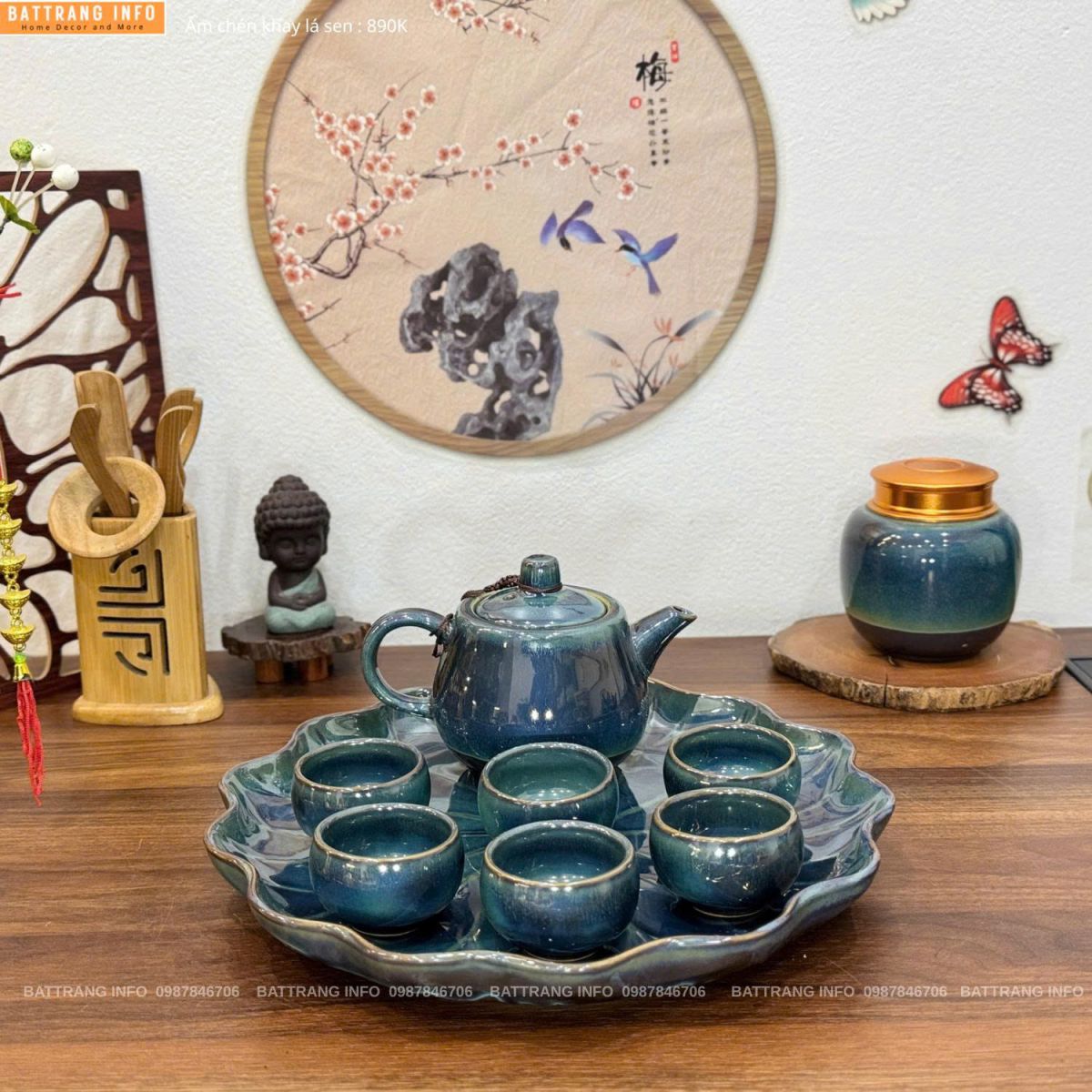 Bộ ấm chén men hoả biến khay lá sen cao cấp Bát Tràng