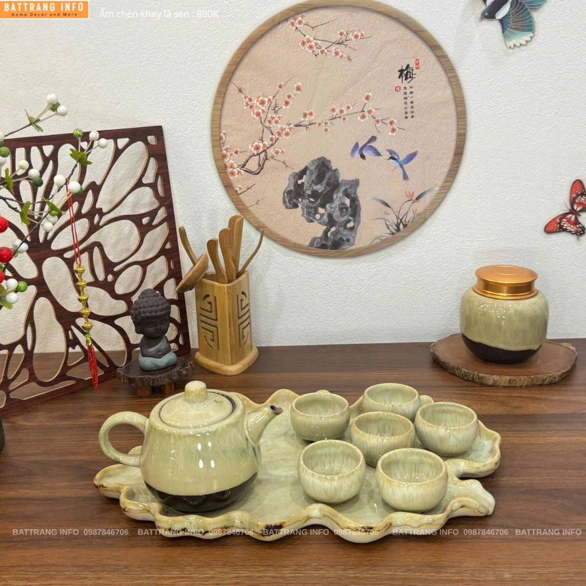 Bộ ấm chén men hoả biến khay lá sen cao cấp Bát Tràng