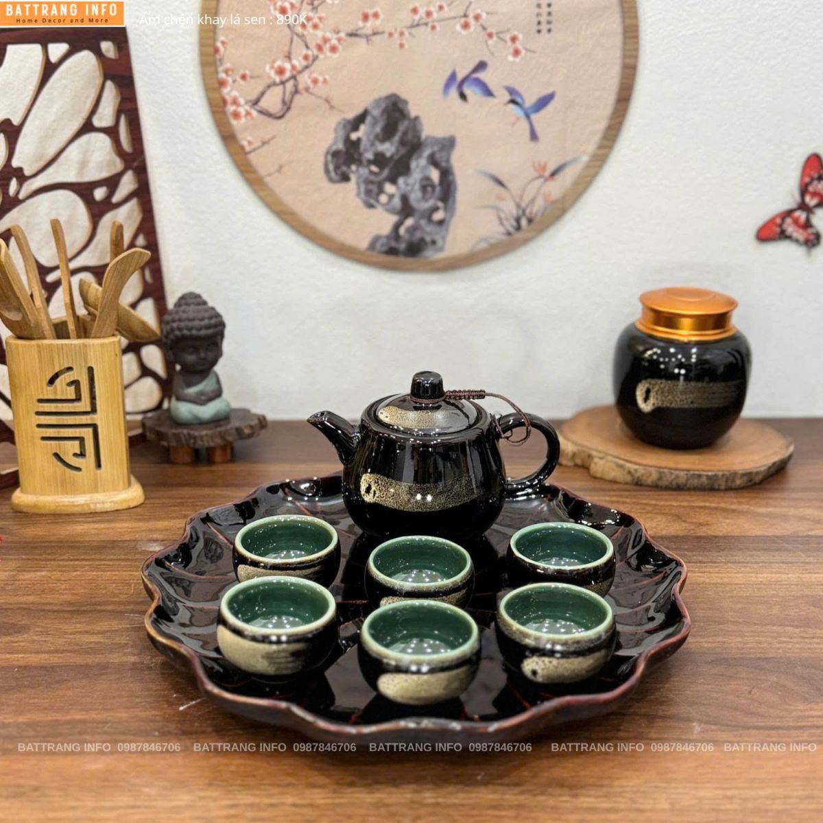 Bộ ấm chén men hoả biến khay lá sen cao cấp Bát Tràng