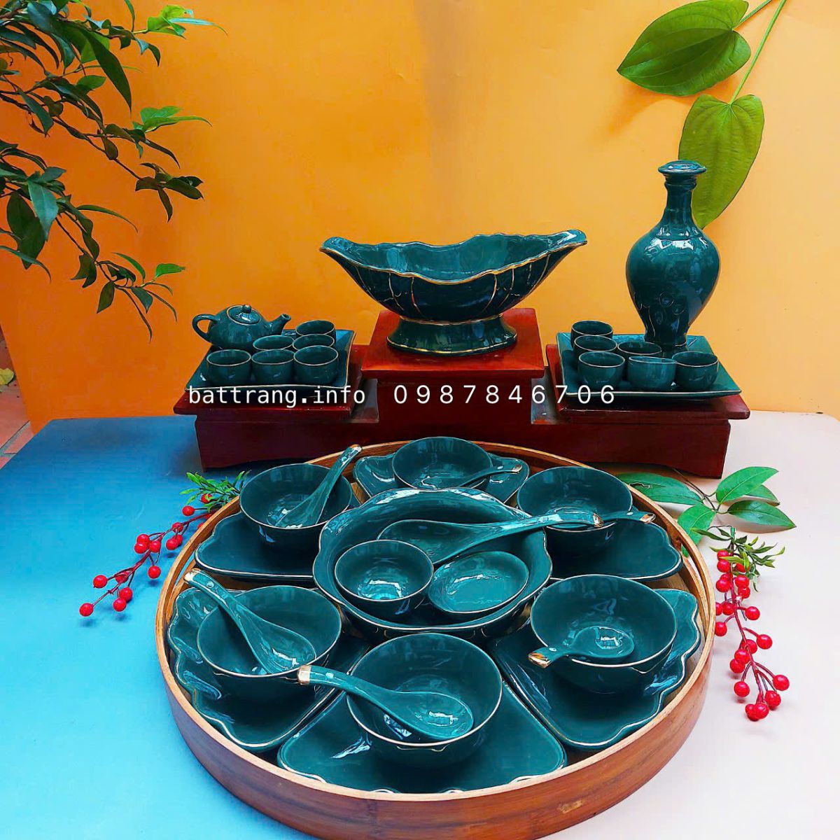 Bộ Bát Đĩa Hoa Mặt Trời Xanh Cổ Vịt Viền Vàng