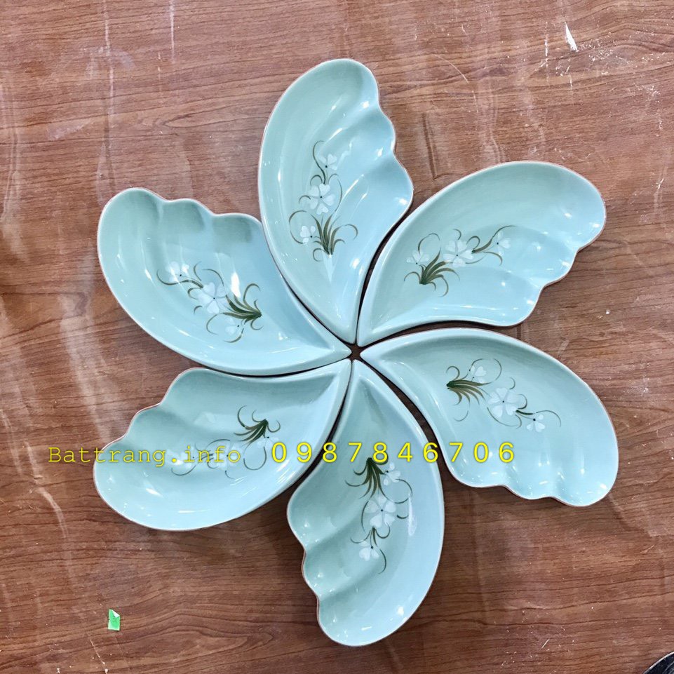 Sét đĩa cánh tiên men xanh vẽ hoa cao cấp