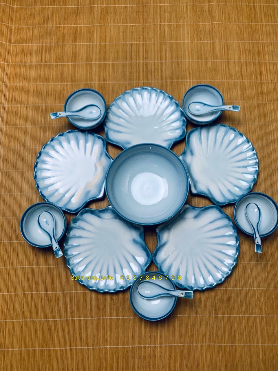 Set bát đĩa lá sò men xanh trơn cao cấp - dành cho 6 thành viên